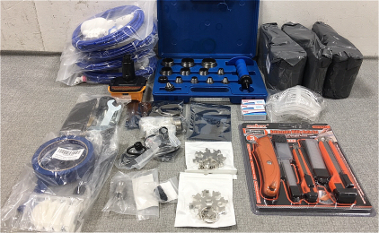 Puncher, (3) Sander Belts, Utility Knife Set, (4) Connectors, (2) Multi-Tools, Sealant Finishing Tool, (3) Halogen Bulbs, and more