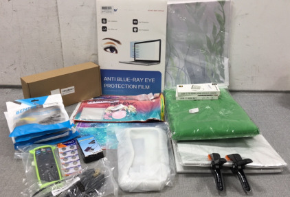 (2) Green Screens, Brick Wall Backdrop w/ Clamps, Underwater Backdrop, Blue Light Screen Protector, Galaxy Xbox One Skin, Harley Quinn Xbox Series X Skin, (2) USB-C Adapter, Nintendo Switch Case, (4) Display Port to HDMI Cable, and more
