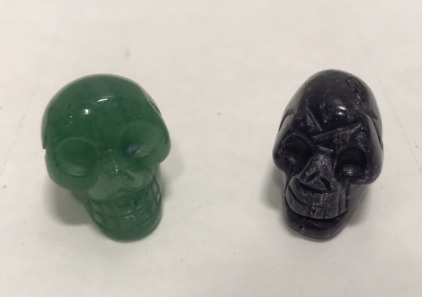 (1) Green Adventurine Crystal Skull 57.6 carats (1) Purple Mica Lepidolite Crystal Skull 66 carats