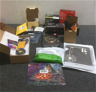 (1) Booms Bass Wireless Bluetooth Speaker (4) Solar Outdoor Buried Lights (1) Wired Computer Headset (1) Replacement Dewalt Battery (1) 16-Color Sunset Projector Lamp (4) Various Audio Video Cords (1) Car Phone Holder (3) Memorex Progold Cd-Discs