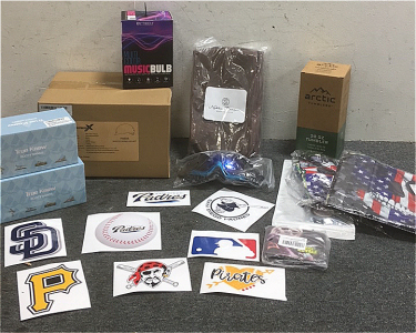 (1) Bytech Music Multi Color Light Bulb (8) Major League Baseball Stickers (1) Fortnite Wallet (2) USA Skull Flags (1) Artic Tumblers 20-Oz Tumbler (1) Noble Realm DVD Carry Case (1) Pair Of Ski Goggles (2) True Know Booty Bands (1) Sharpness X Adult Bike