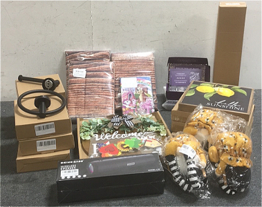 (1) Lot Of Amazon Products Including : (3) Large Sunflower Wall Tapestys (6) Flat Black Toilet Paper And Bath Towels Holders Sets (1) Customizable Welcome Home Door Sign (1) Booms Bass Wireless Bluetooth speaker (3) Bumble Bee Gnome Plushes (3) Vilicrafts
