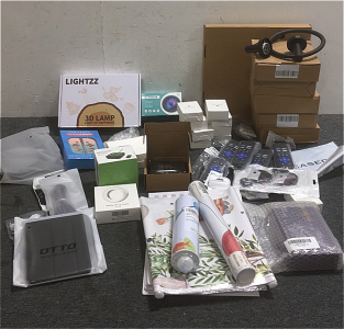 (1) Large Lot Of Amazon Products Including : (1) Lightzzz 3D Happiness Lamp (1) Hd Webcam (8) Miracase AirPods Cases (4) Roku Remotes (4 Various Wallpaper and more