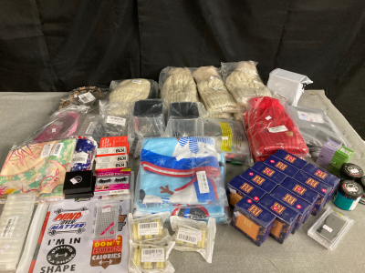 Box of Amazon Consumer Goods: Knit hats, K18 hair treatment, athletic stickers, empty lip balm containers, towel set, Pi latex tape, Christmas headband, costume jewelry, plus More