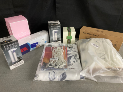 Box of Amazon Wholesale Items: Magic Eraser, Soap Dispenser, Party Decor, Curtains, Rotating Shelf, Scented Candle, Plus More