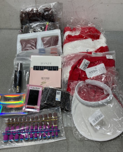 (2) Sweaters, Eyelash Extensions, Nail Set, Woman&rsquo;s Leather Gloves, Color Sticks And Hair Clips