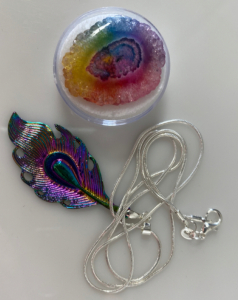 Multicolor Druzy Solar Quartz Gemstone Cabochon and Rainbow Tibetan Peacock Feather Necklace