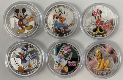 (6) Disney &ldquo;Mickey and Friends&rdquo; Silver Plated Collectible Coins