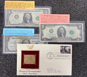 (3) Vintage Dollar Bills and First Day of Issue Gold Plated Stamp