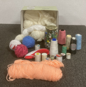 Assorted Yarn, Thread, Marbles, & Electric Scissors