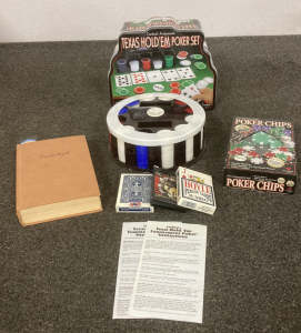 Assorted Poker Chips, Playing Cards, Texas Hold ‘Em And An Edmond Hoyle Book Of Games