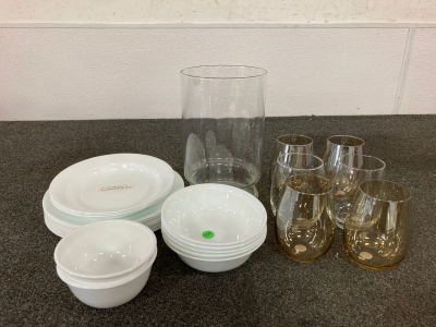 Glass Vase And Corelle Chip Resistant Plates and Bowls With Glasses