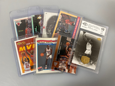 (7) Assorted Michael Jordan Cards and (1) Graded BCCB GEM Mint 10 Michael Jordan Card