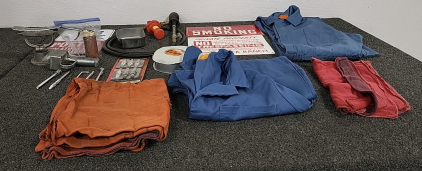 Propane Torch, (4) Metal Signs, Mechanics Coveralls and Tools