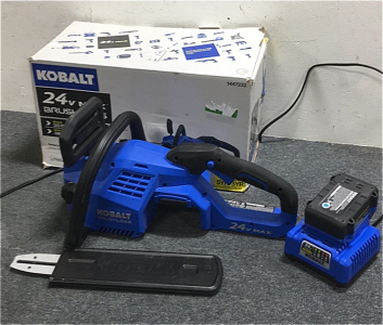 Kobalt 24v Max Brushless Cordless Chainsaw Kit With Battery and Charger In Original Packaging