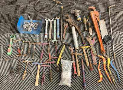 Assorted Hand Tools for Fabrication: Wrenches, Hammers, Pipe Wrenches, Pry Bars, plus More