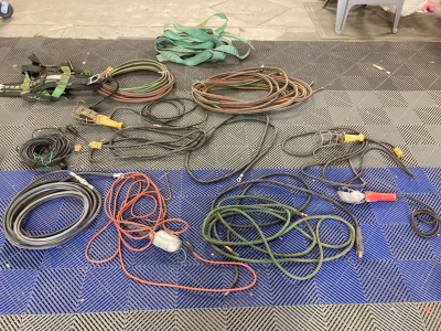 Pallet of Assorted oxygen/ acetylene lines, tubing, air lines, saftey harness, lighting, extension cords, tow rope, plus more