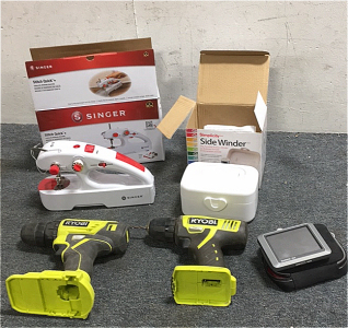 (2) Ryobi 18v Cordless Drill Drivers (1) Singer Stitch Quick + Cordless Mending Machine (1) Simplicity Sidewinder Portable Bobbin Winder (1) Garmin Nuvi with case