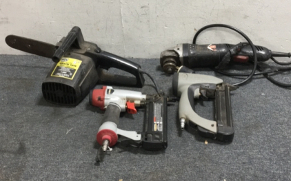 (2) 18GA Pneumatic Stapler/Nailers (1) Craftsman 4-1/2” Angle Grinder (1) Wen 8” Electric Chainsaw