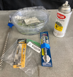 (1) Bosch Bulldog Drill, (1) Dewalt 3/32 Drill, Hole Saw kit, Krylon Faux Snow, plus more
