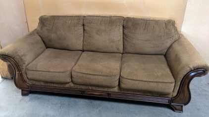 92" Brown Sofa w/Wood Trim