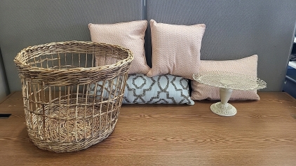 (5) Throw Pillows, (6) Candle Holders, (3) Glass Vases, Wicker Basket and Metal Stand