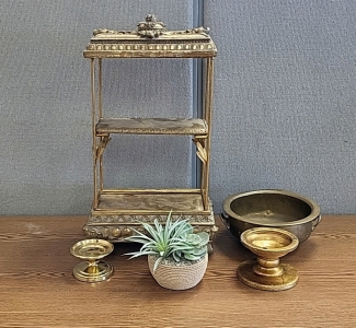 Metal 3 Tier Stand, Bowl, Candle Holders and Fake Air Plants