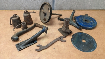 Vintage Steel Weights, Wrench, & Machine Parts