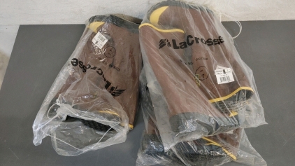 Box of LaCrosse Brown Rubber Steel Toe Boots