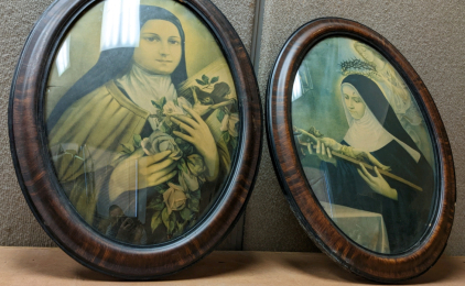 Vintage Oval Framed Catholic Prints w/Convex Glass