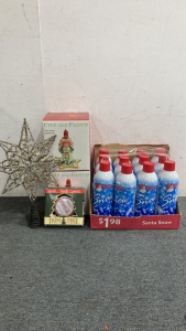 (1) Coca-Cola Trim-A-Tree Collection, (1) Shiny Tree topper, (2) Fitz and Floyd Monn Beams Candleholder, (1) Case of 12 Cans of Santa Snow