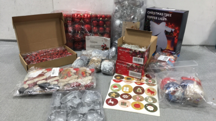 Christmas Items: Red and Silver Ornaments, White Light Angel Tree Topper, (4) Box of Star String Lights, Wood Doll Ornaments, (6) Gnomes, Stickers, Bear/Santa/Reindeer/Snowman Ornaments, Cookie Cutters, Glitter Holly, Break-Apart Sphere Ornaments