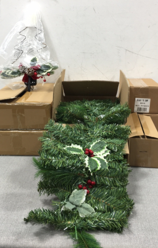 Christmas Items: (4) Tree Shaped Solar Lights, (2) Box of 100 Light Clips, Tree Stand, Garland
