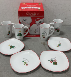 Gourmet Fitz And Floyd Porcelain Latte Mug & Plate (8) Piece Christmas Set
