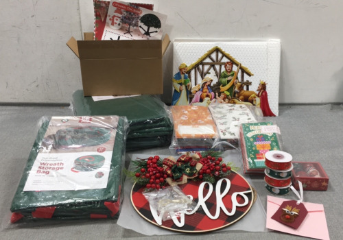 Christmas Items: (2) Metal Nativity Sign, (2) Tree Covers, Wreath Storage Bag, Tree Stand, Goodie Bags, Gift Envelopes, “Hello” Door Sign, Ribbon and Washi Tape, Paper Reindeer Ornament