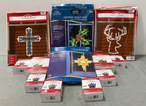 Lighted Cross, Holly Leaf, Start Of Bethlehem And Stag With (8) Boxes Of String Lights