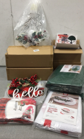 Christmas Items: (4) Tree Shaped Solar Lights, (2) Tree Stands, (2) Tree Covers, Wreath Storage Bag, “Hello” Door Sign, Gnome Pillow Covers