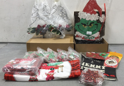 Christmas Decor: (2) Tree Shaped Solar Lights, Globe Lights, Red/Green Wood Beads, Christmas Gnomes Pillow Covers, Grinch Hanging Decor, Wish You a Merry Christmas Pillow Cover, (3) Pet Bandanas, Ornaments: Red Glitter Snowflake, (2) Cat, “First Christmas