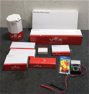 (1) Vex Advanced Mechanics and Motion Kit (2) Vex Programming Hardware Kits (1) Vex Parts Booster Kit (2) Vex Base Plates 30x15” (1) Vex High Strength Chain (1) Vex V5 Robot Battery (1) aw Sperry Multimeter (4) Vex Mecanum 4” Wheels (1) Pack of (50) Assor