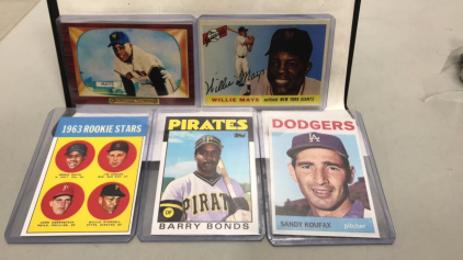 (5) Collectible Baseball Cards… Willie Mays, Barry Bonds, Sandy Koufax +