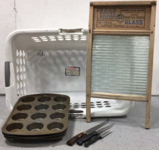 Laundry Basket, (4) Metal Muffin Tins, (3) Various Kitchen Knives, Glass and Wood Washboard Decor