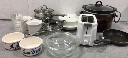 Crockpot Slow Cooker, Rival Toaster, Black&Decker SweetHearts Waffle Maker, Double Boiler Pots w/ Lid, Small Pot w/ Lid, Small Pan, Pyrex Deep Casserole Dish, (2) Soup Mugs, (4) Small Glasses, Pet Water and Food Bowls