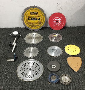 (7) Round Saw Blades for Multiple Uses (1) Dagnetic Dial Indicator for Checking Brake Calipers, and a couple grinding disks and wire wheel