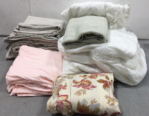 (2) Mattress Covers, White Fitted Sheet, Pink Flat Sheet, Towel, (5) Tan Pillow Shams, Tan Duvet Cover, Floral Curtain
