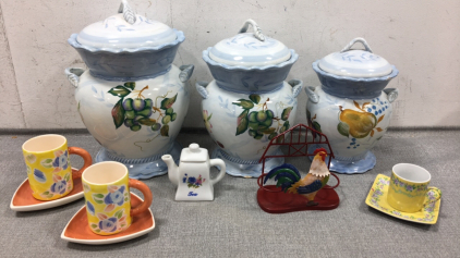 (3) Kitchen Containers, Mini Tea Pot, Rooster Salt/Pepper Holder, (3) Small Cups and Saucers