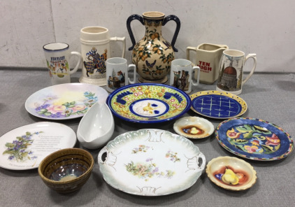 (8) Decorative Plates, Lemons & Birds Pitcher Vase, (2) Norman Rockwell Mugs, (1) Pottery Bowl, (2) Decorative Steins, Ten High Bourbon Pitcher
