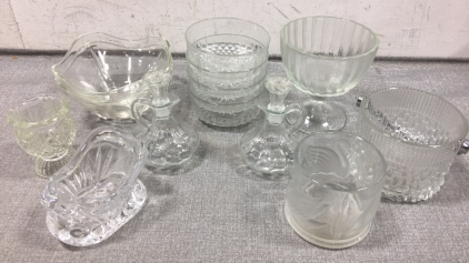 Glassware: (2) Wavy Bowls, (4) Geometric Bowls, Candy Dish, (2) Oil Containers, (4) Various Candle Holders