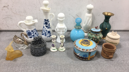 (6) Various Decorative Bottles, (4) Decorative Containers, (3) Wood Small Candle Holders, Brass Vase, Swan Trinket Holder