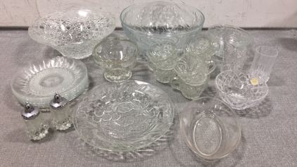 (6) Glass Serviceware, (6) Glass Plates, (6) Glass Teacups, (2) Glass Bowls, Glass Salt and Pepper Shakers, (2) Mismatched Glasses
