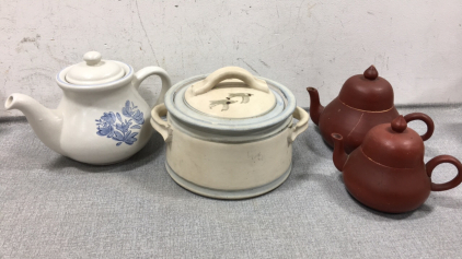 (3) Tea Pots, (1) Canister